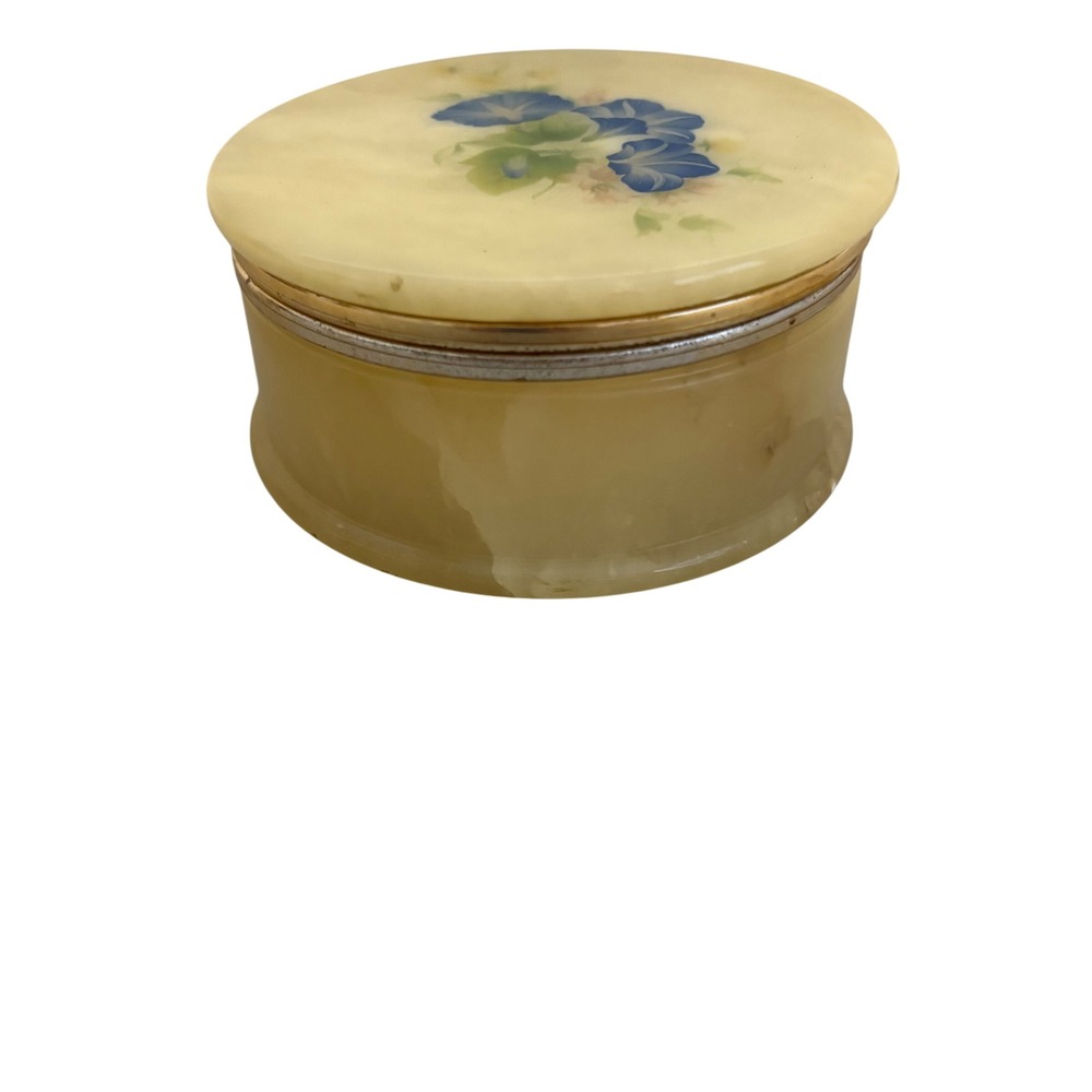 VTG Italian Alabaster Trinket Box Round Hand Painted Blue Morning Glory Floral